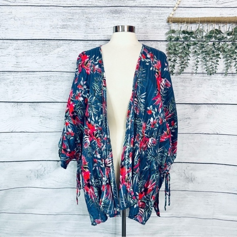 3/$22🩶 Haute Hippie Claire Floral Kimono Cover Up Tropical Bohemian Plus Size 1X